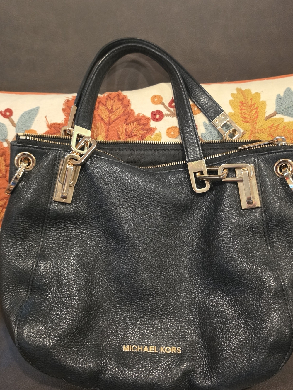 Michael Kors Black Pebbled Leather Shoulder Bag with Gold Hardware